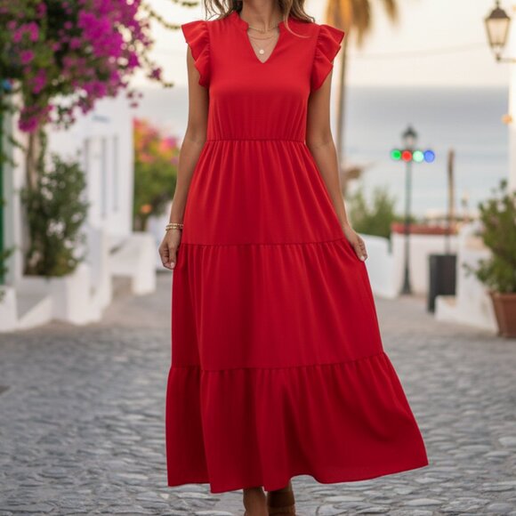 SHEIN Dresses & Skirts - Shein Bright Red Tiered Ruffle Midi Dress V-Neck Ruffle Sleeve Size XL